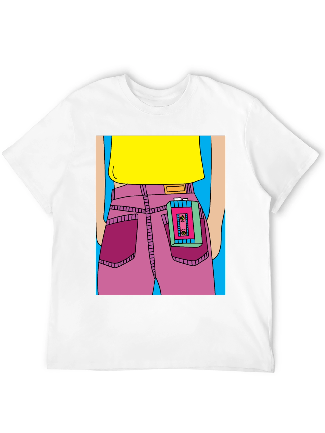 Retro Cartoon T-Shirt: Cassette Player in Pocket