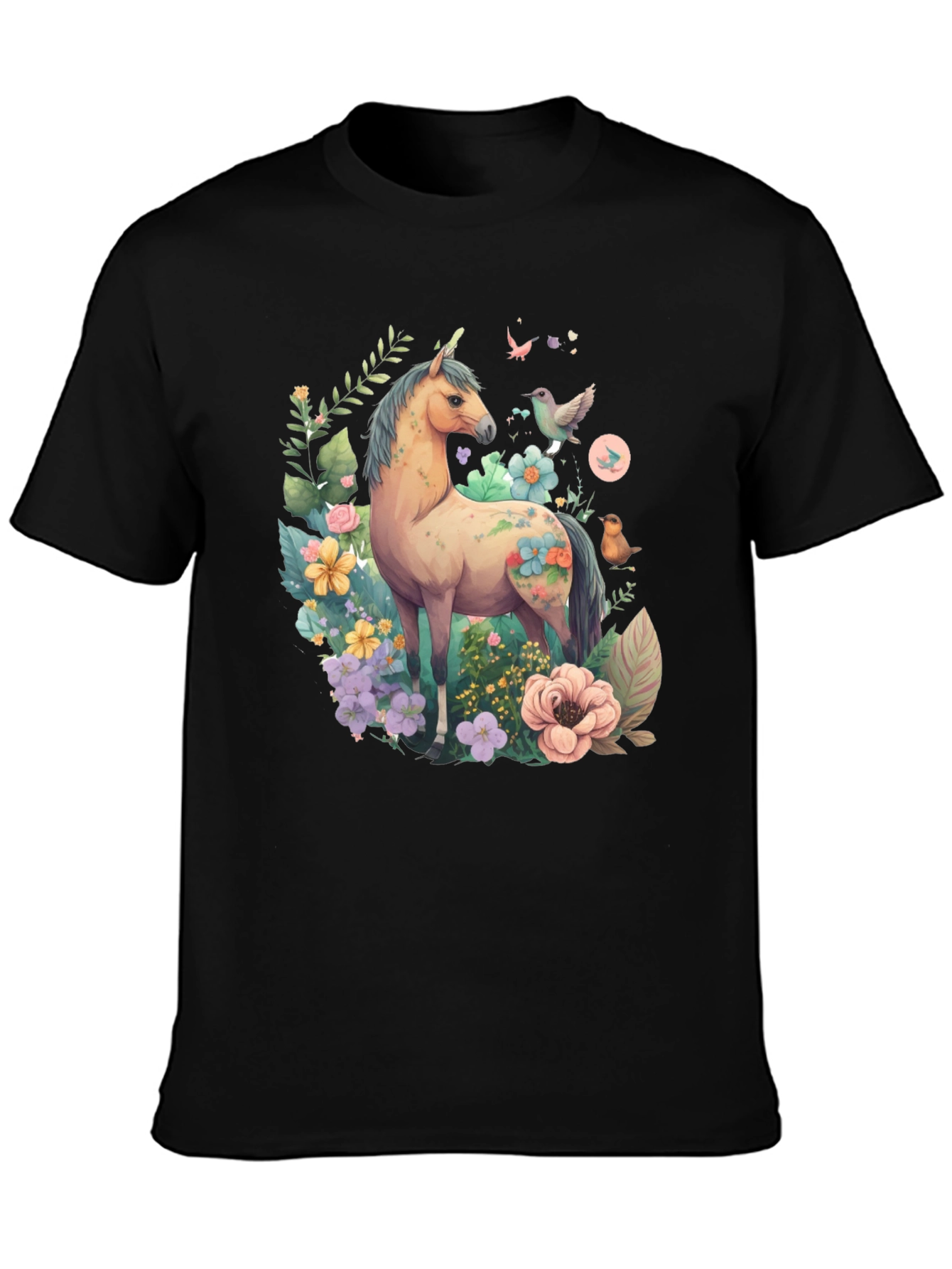 Floral Unicorn Graphic Tee - Soft Black Cotton Shirt
