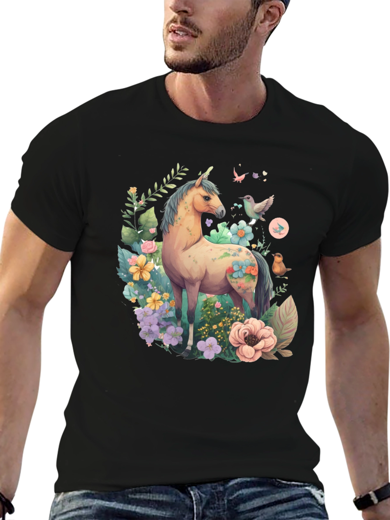 Floral Unicorn Graphic Tee - Soft Black Cotton Shirt