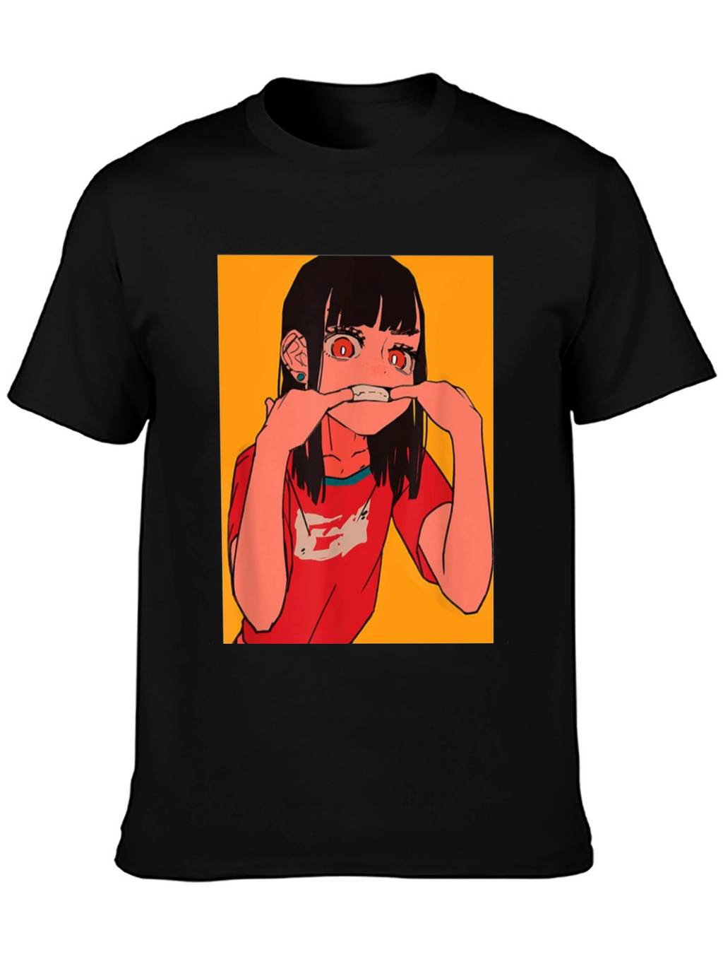 Anime Girl Graphic Tee - Black Cotton Blend T-Shirt