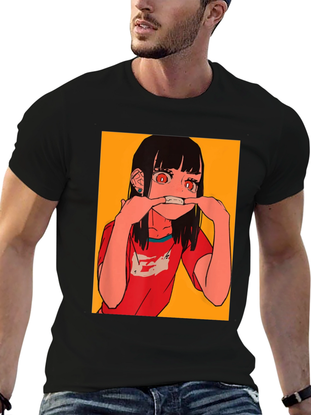 Anime Girl Graphic Tee - Black Cotton Blend T-Shirt