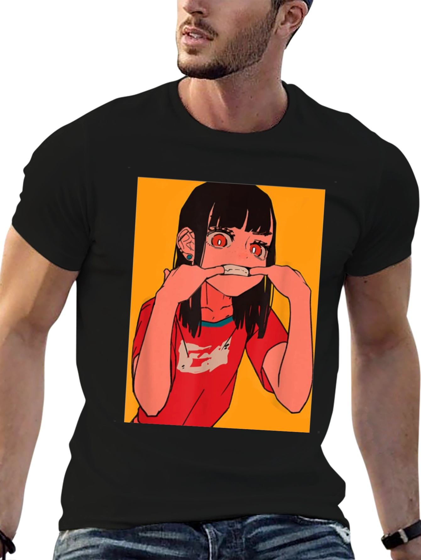 Anime Girl Graphic Tee - Black Cotton Blend T-Shirt