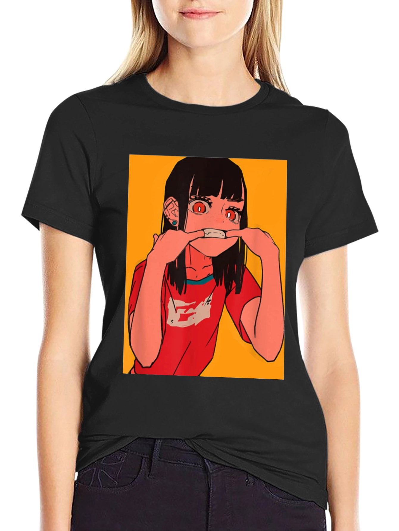 Anime Girl Graphic Tee - Black Cotton Blend T-Shirt