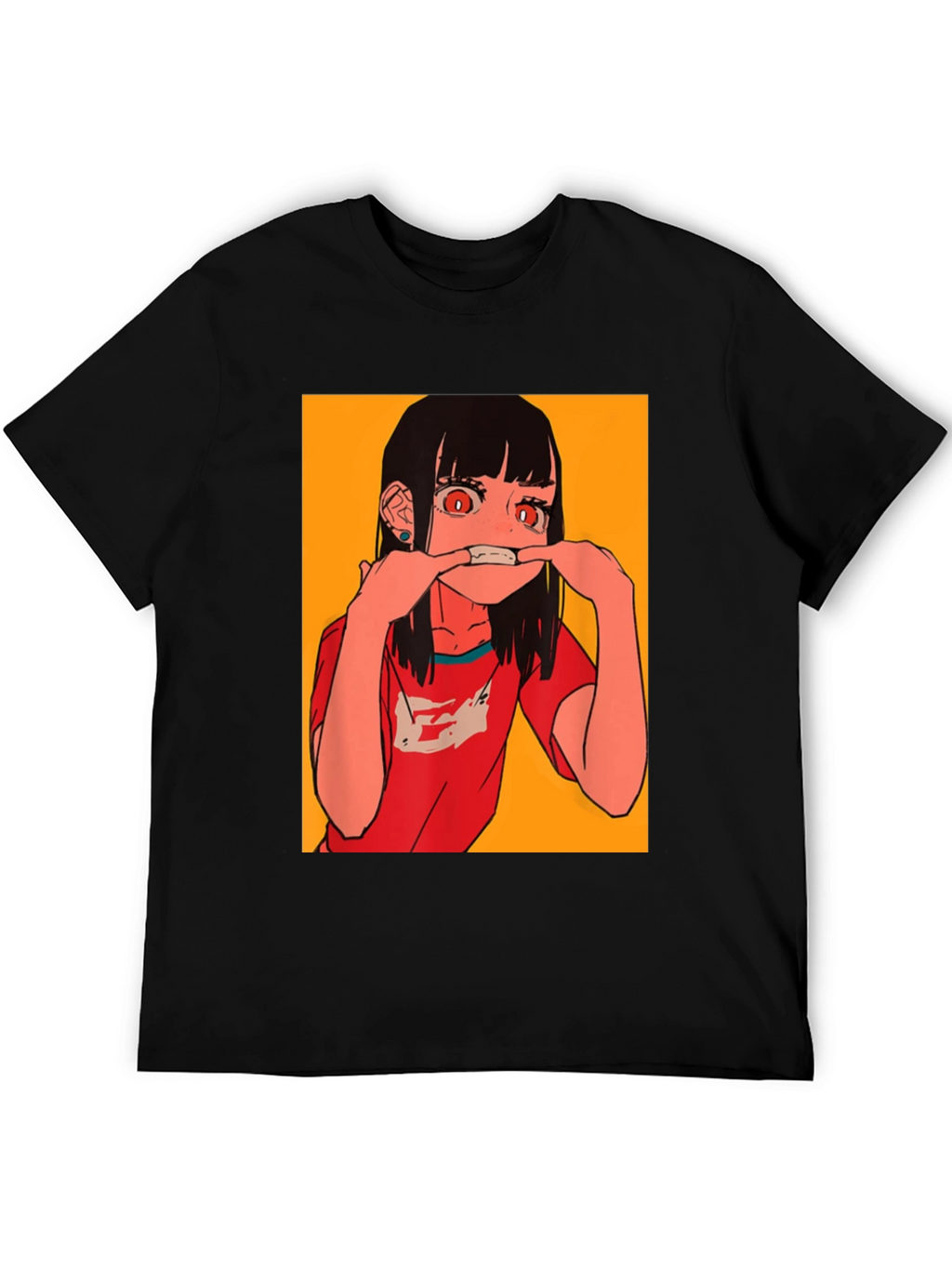 Anime Girl Graphic Tee - Black Cotton Blend T-Shirt