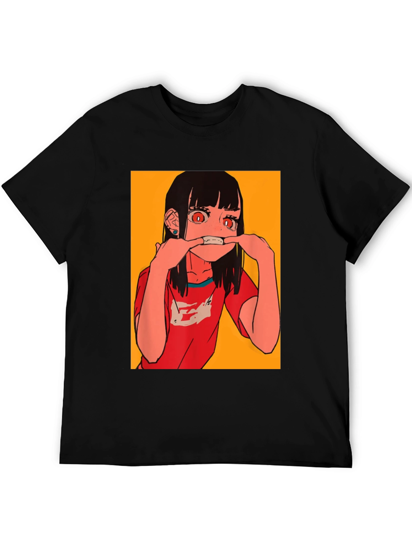Anime Girl Graphic Tee - Black Cotton Blend T-Shirt