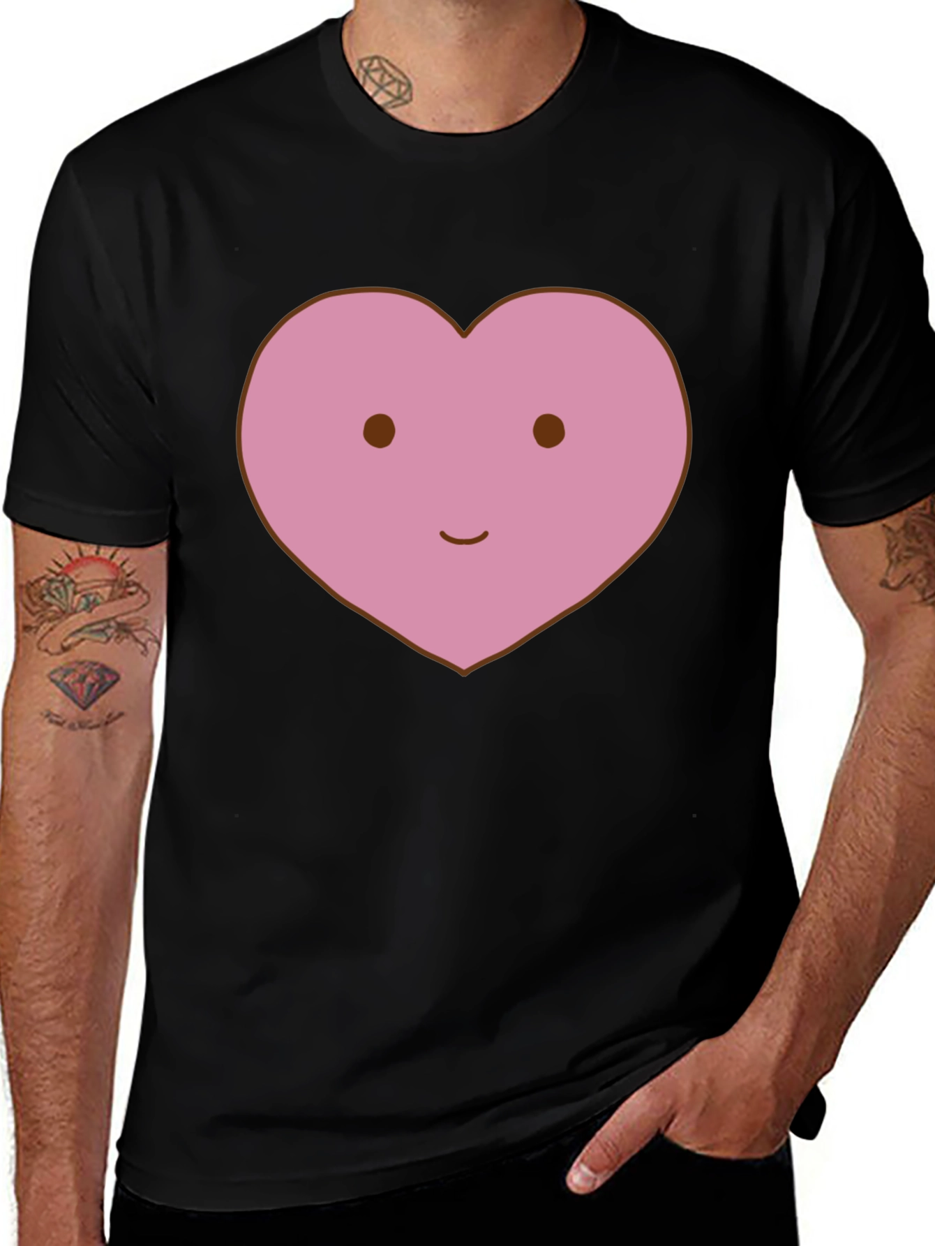 Cute Heart Face Graphic Tee - Black Cotton T-Shirt