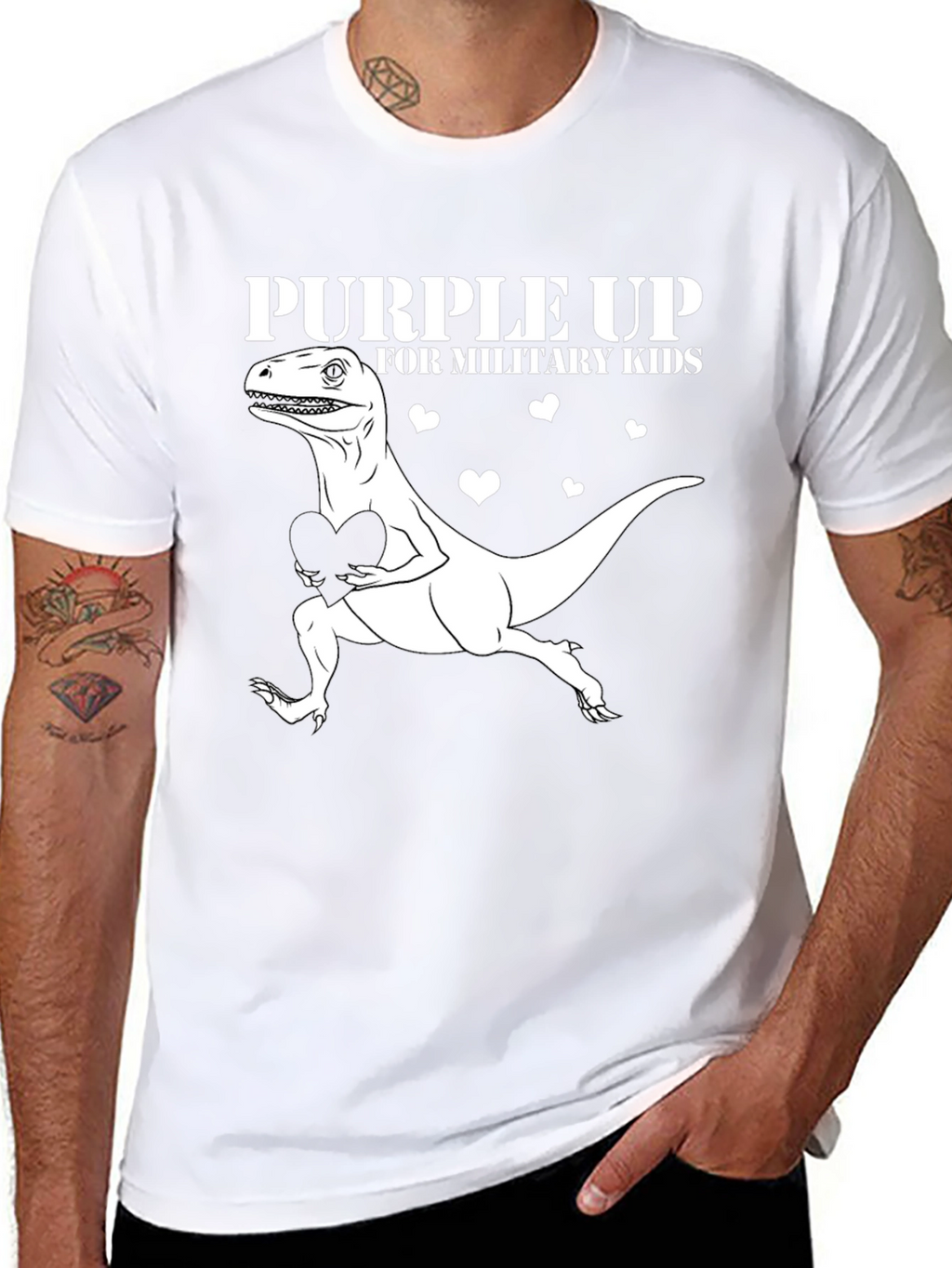 Purple Up Military Kids Dinosaur Heart T-Shirt
