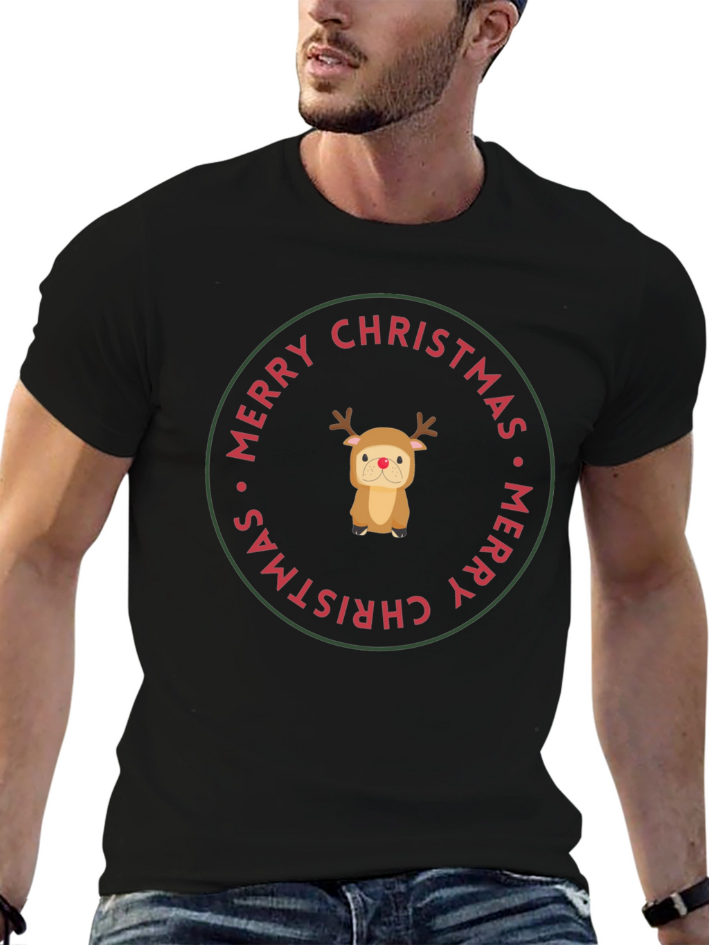 Merry Christmas Reindeer Dog Black T-Shirt