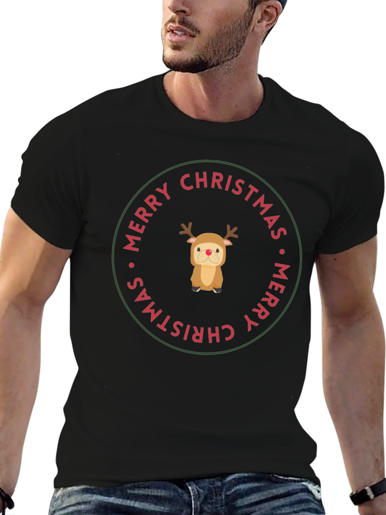 Merry Christmas Reindeer Dog Black T-Shirt