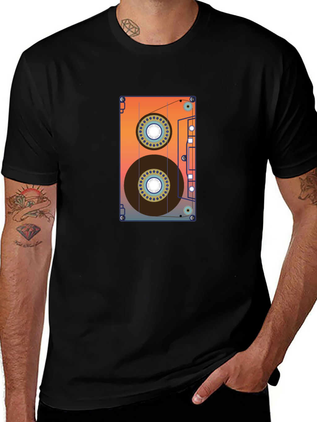 Retro Cassette Tape Graphic Tee - Black Cotton Blend