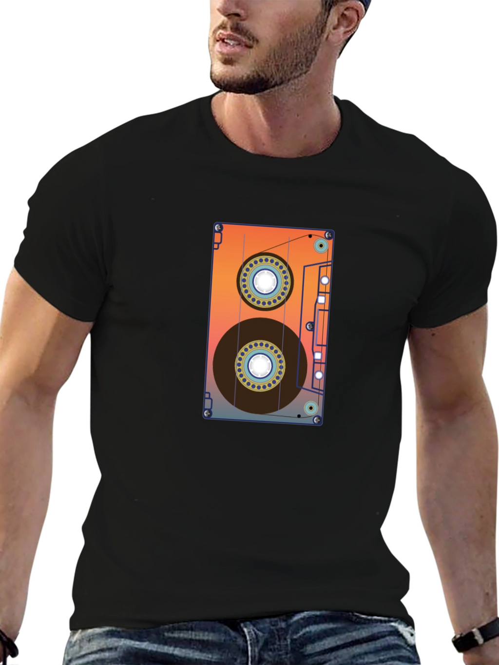 Retro Cassette Tape Graphic Tee - Black Cotton Blend