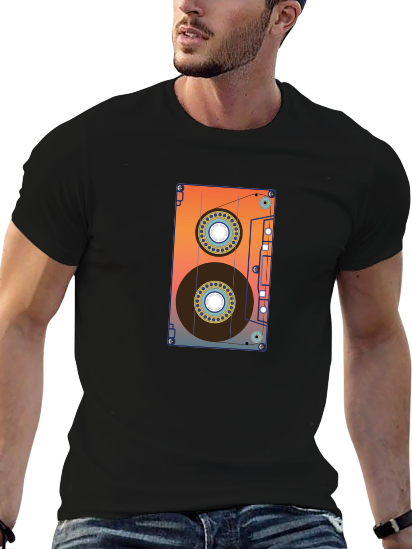 Retro Cassette Tape Graphic Tee - Black Cotton Blend