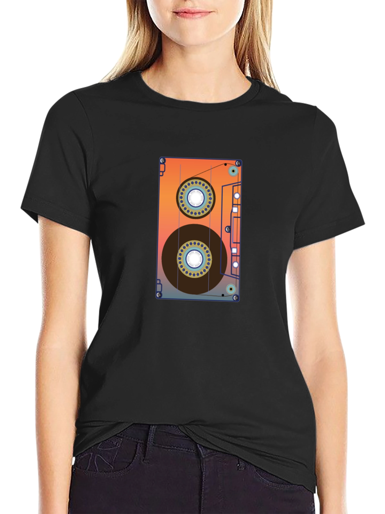 Retro Cassette Tape Graphic Tee - Black Cotton Blend