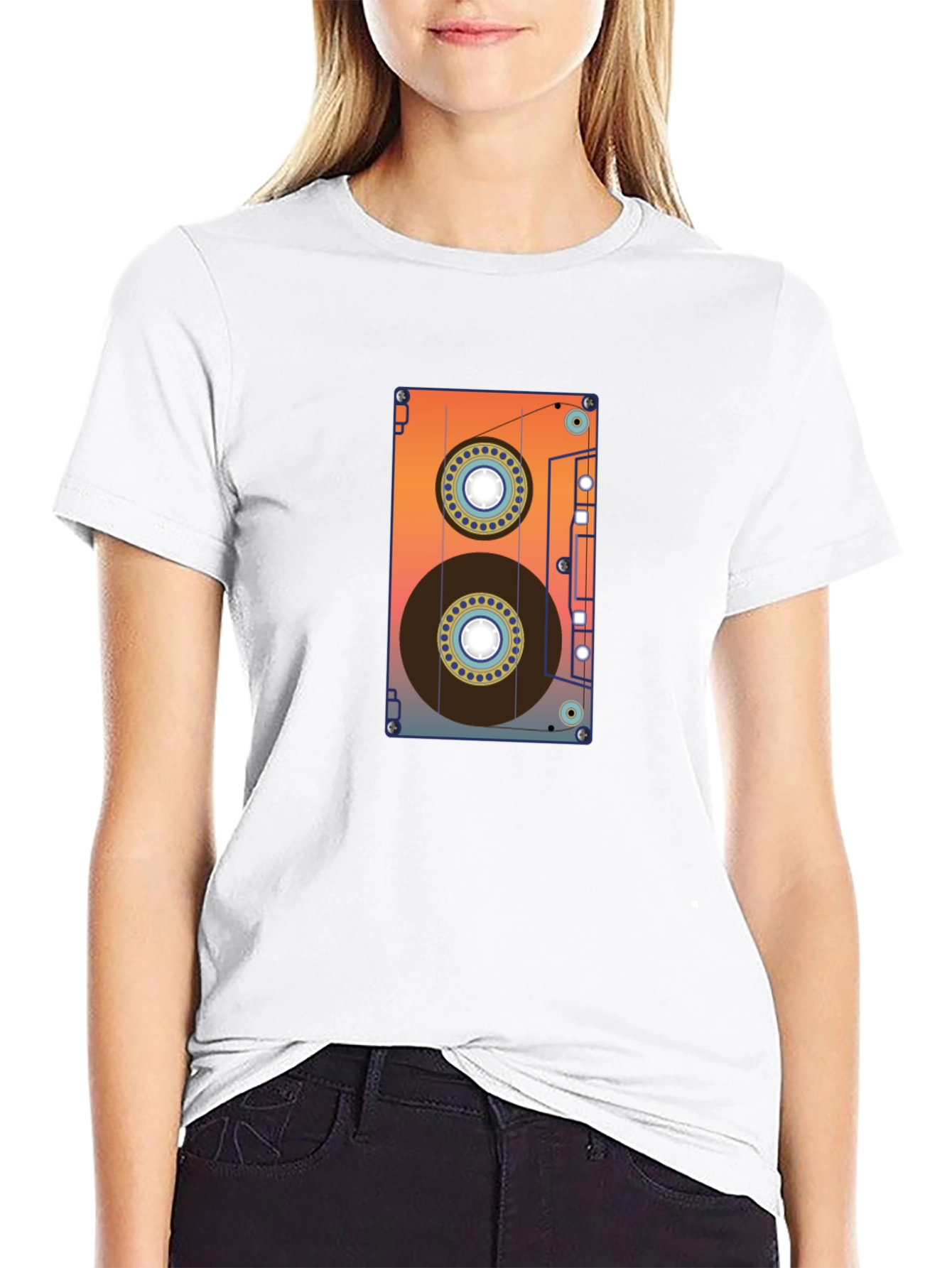 Retro Cassette Tape Graphic Tee - Black Cotton Blend