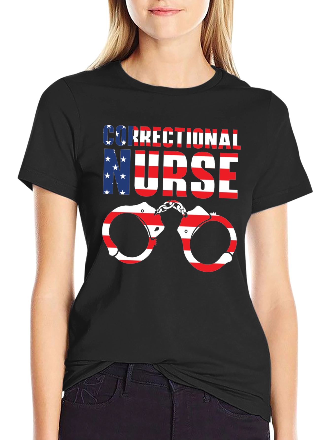 Correctional Nurse American Flag Handcuffs Graphic T-Shirt