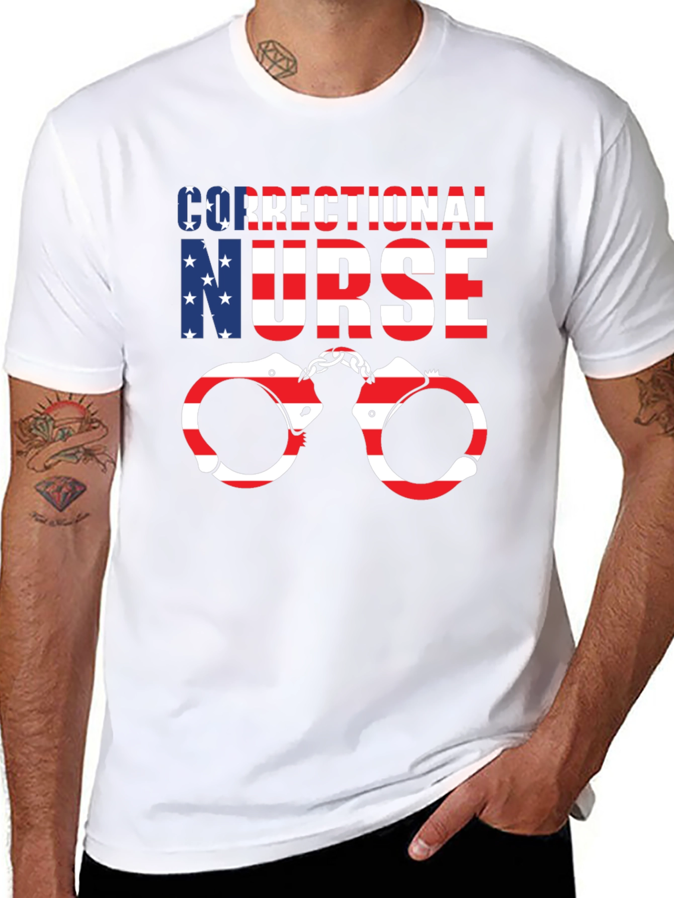 Correctional Nurse American Flag Handcuffs Graphic T-Shirt