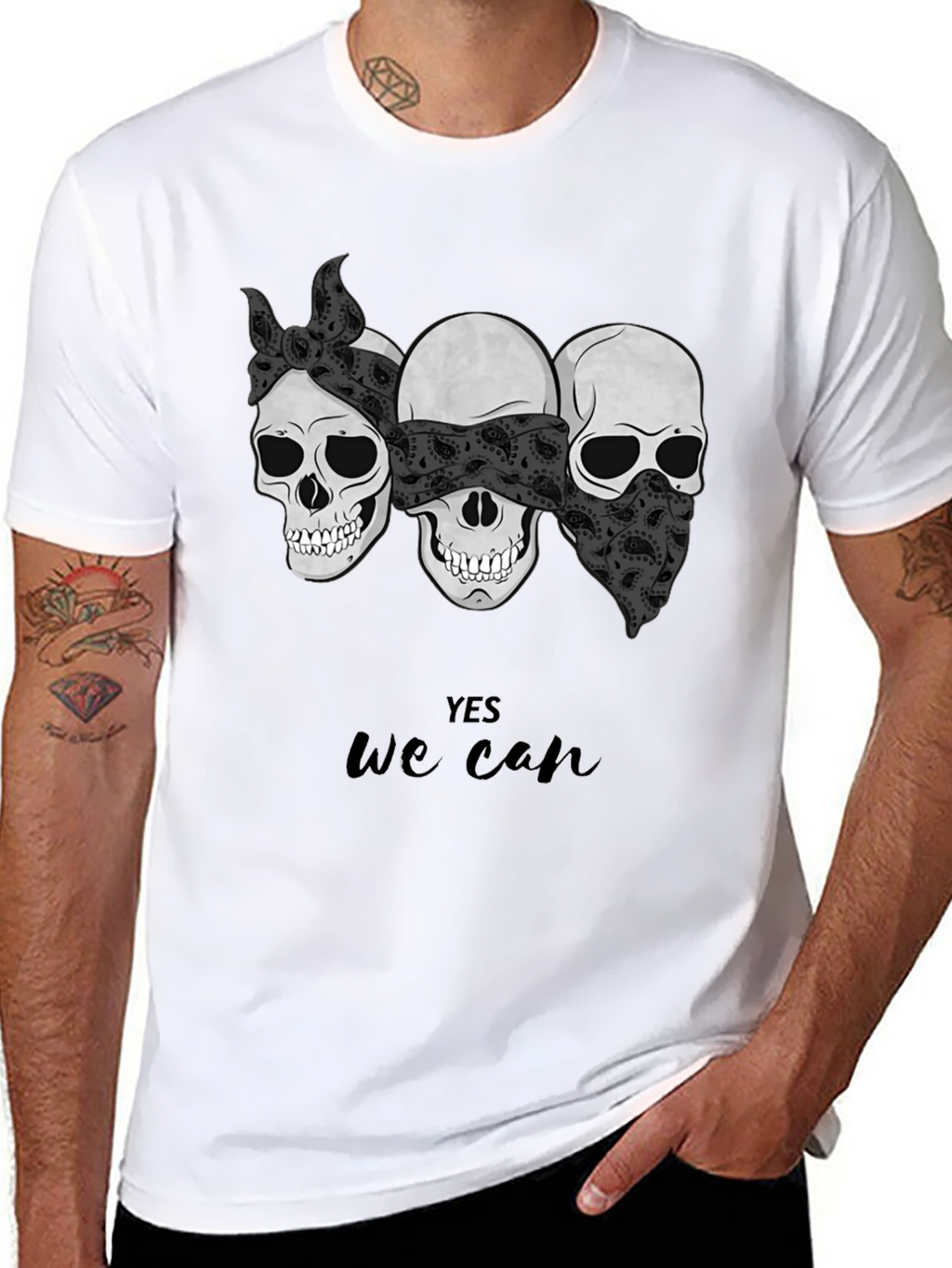 Skull Trio Yes We Can Graphic Tee - Black