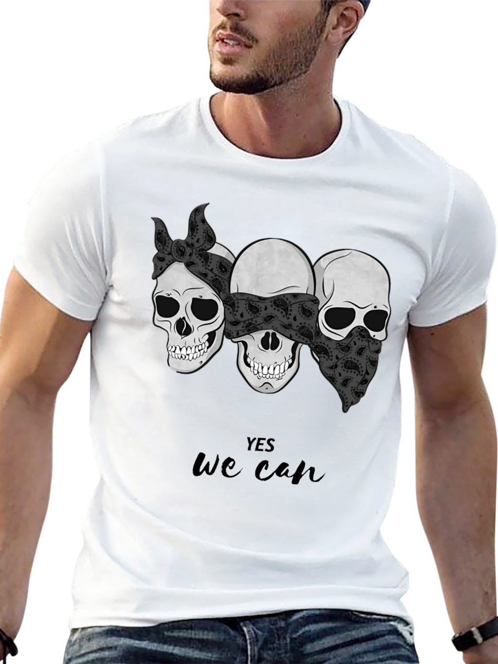 Skull Trio Yes We Can Graphic Tee - Black