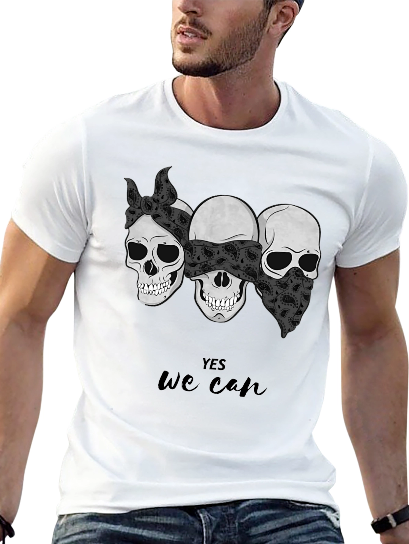 Skull Trio Yes We Can Graphic Tee - Black