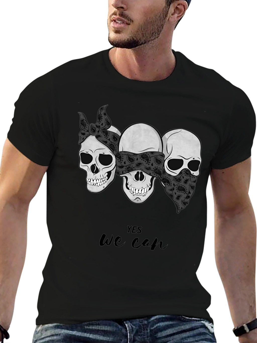 Skull Trio Yes We Can Graphic Tee - Black
