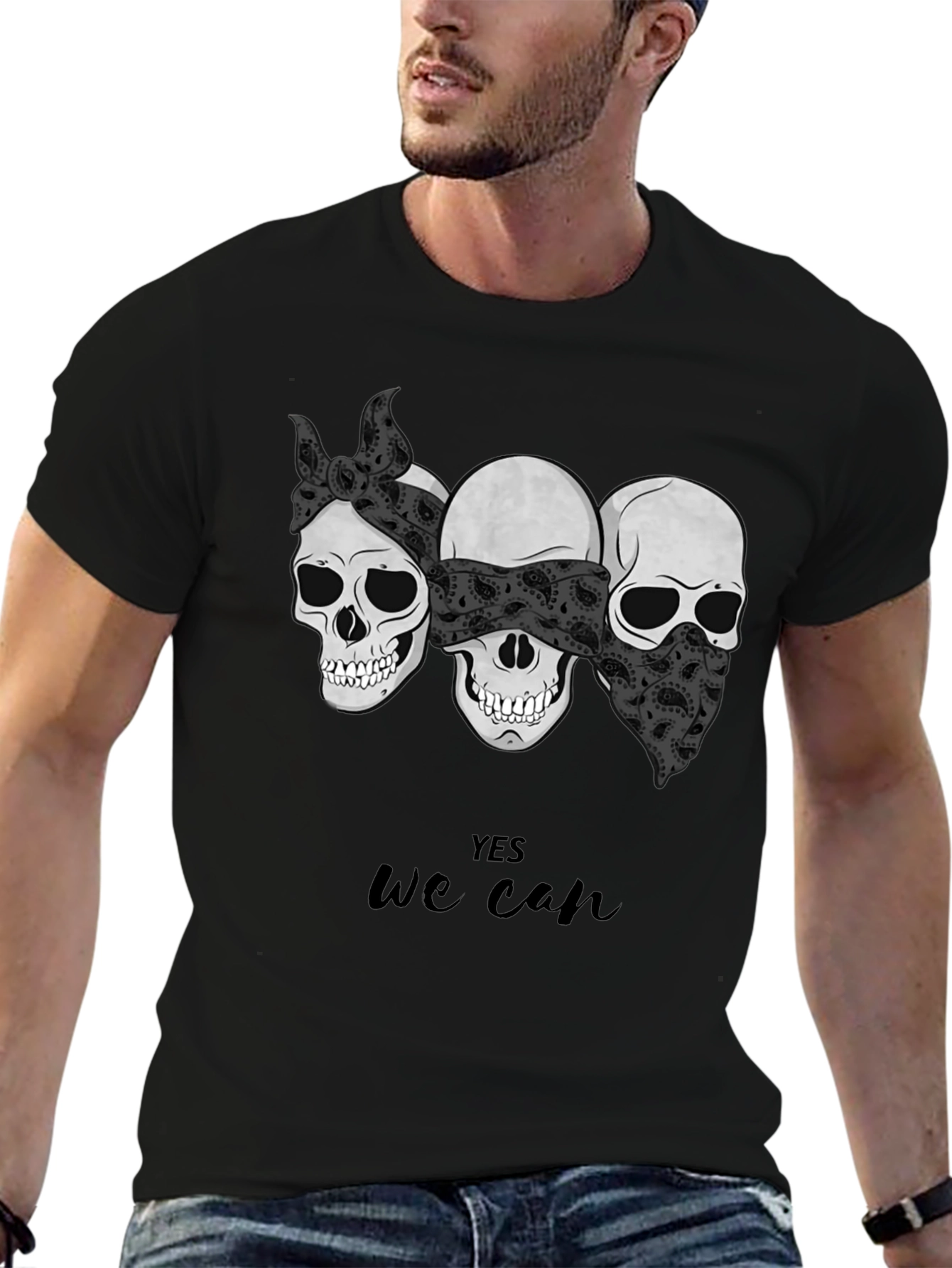 Skull Trio Yes We Can Graphic Tee - Black