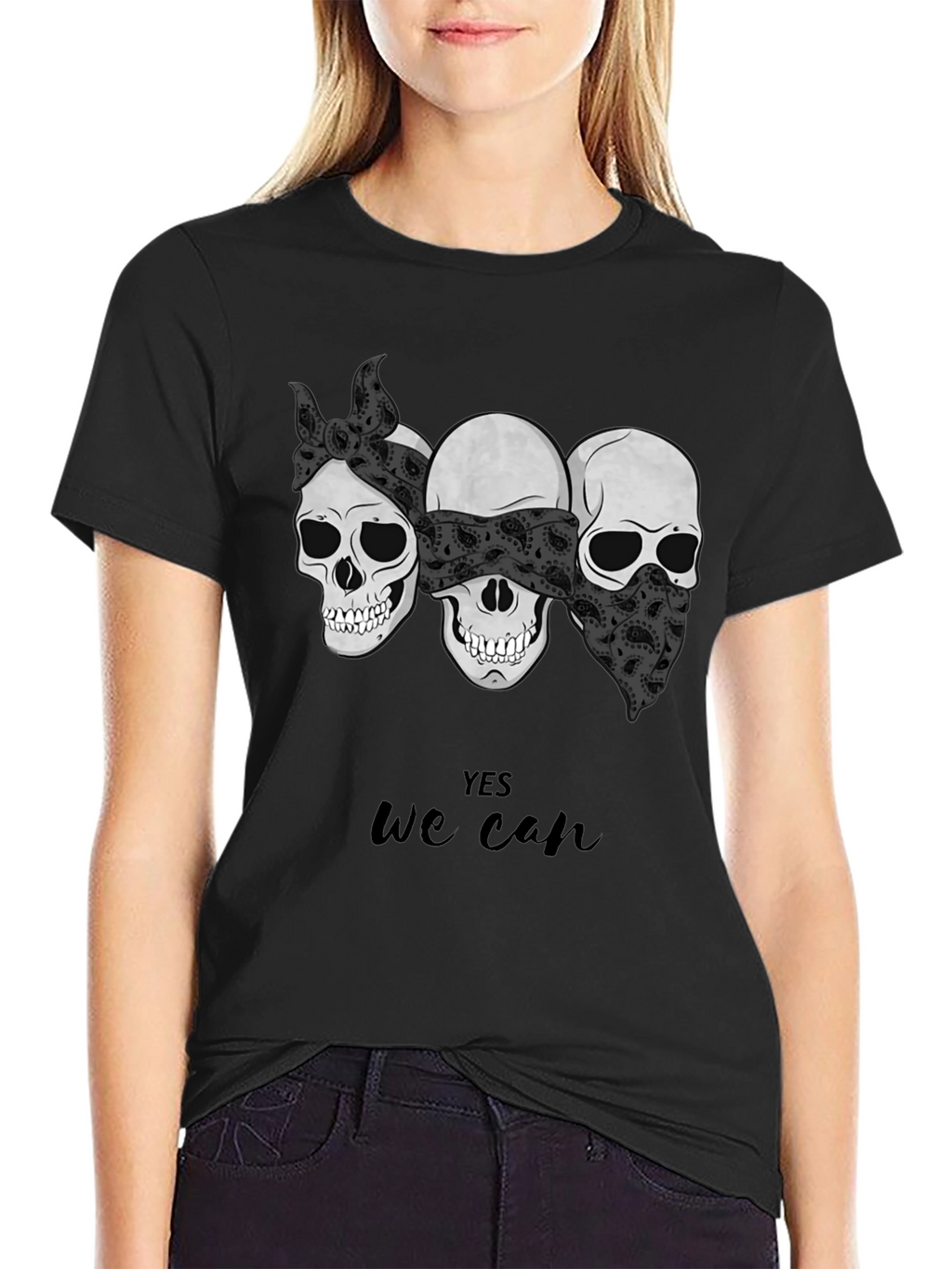 Skull Trio Yes We Can Graphic Tee - Black