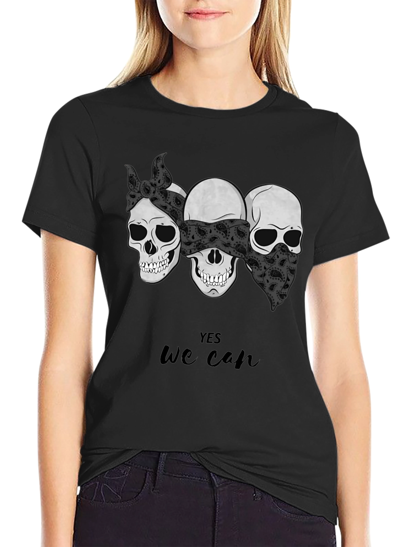 Skull Trio Yes We Can Graphic Tee - Black