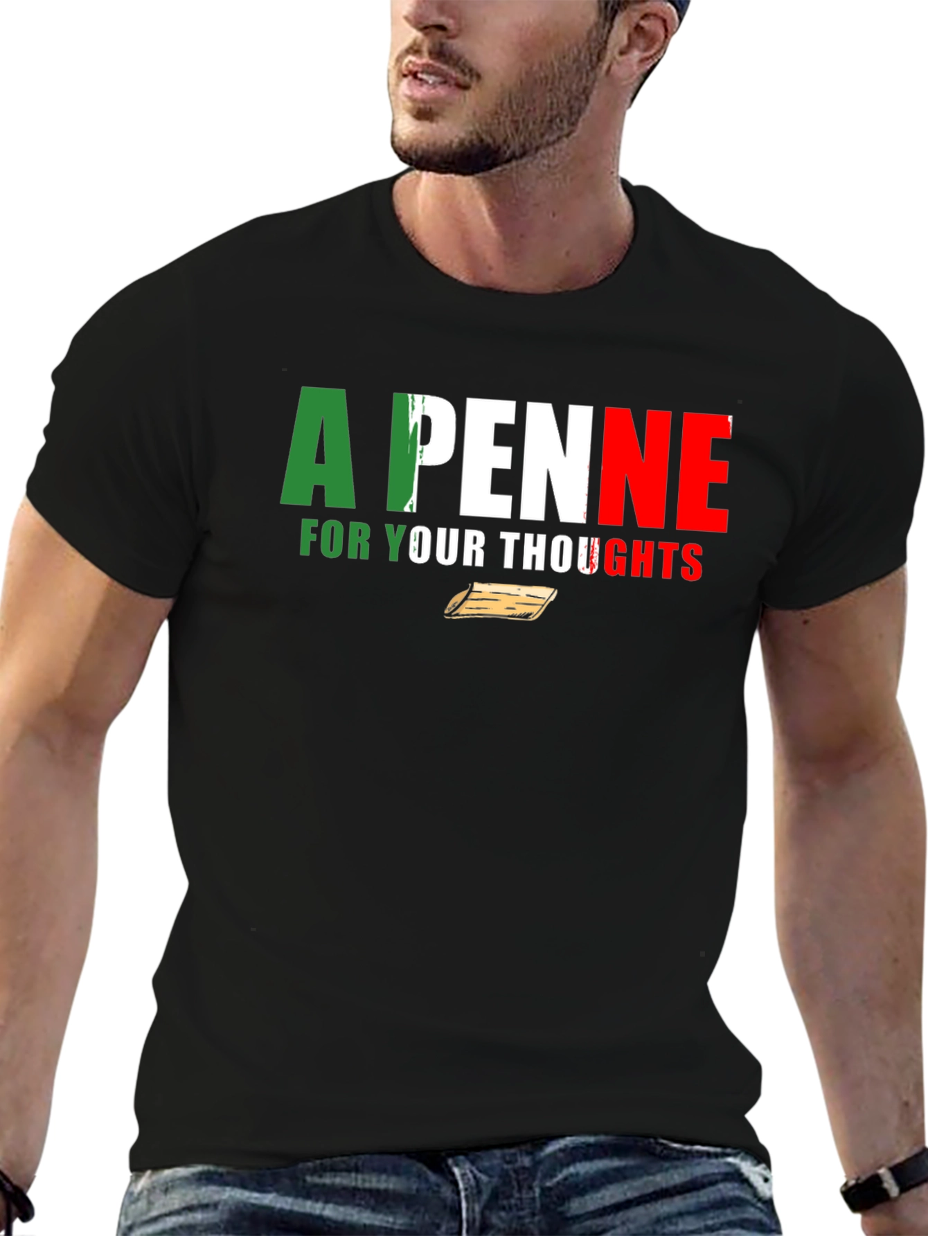 A Penne For Your Thoughts Black Graphic T-Shirt