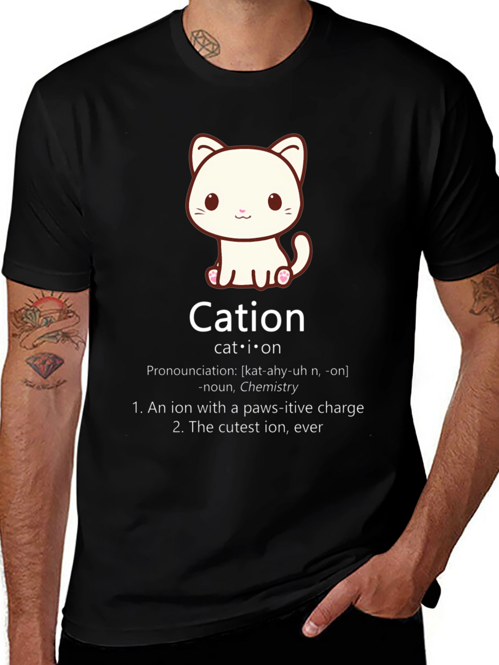 Cation Cat Pun T-Shirt Funny Chemistry Science Tee