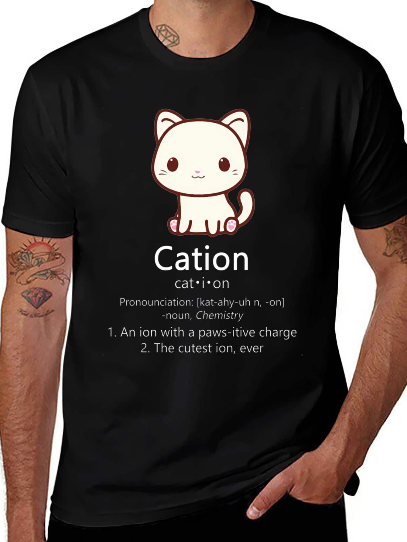 Cation Cat Pun T-Shirt Funny Chemistry Science Tee