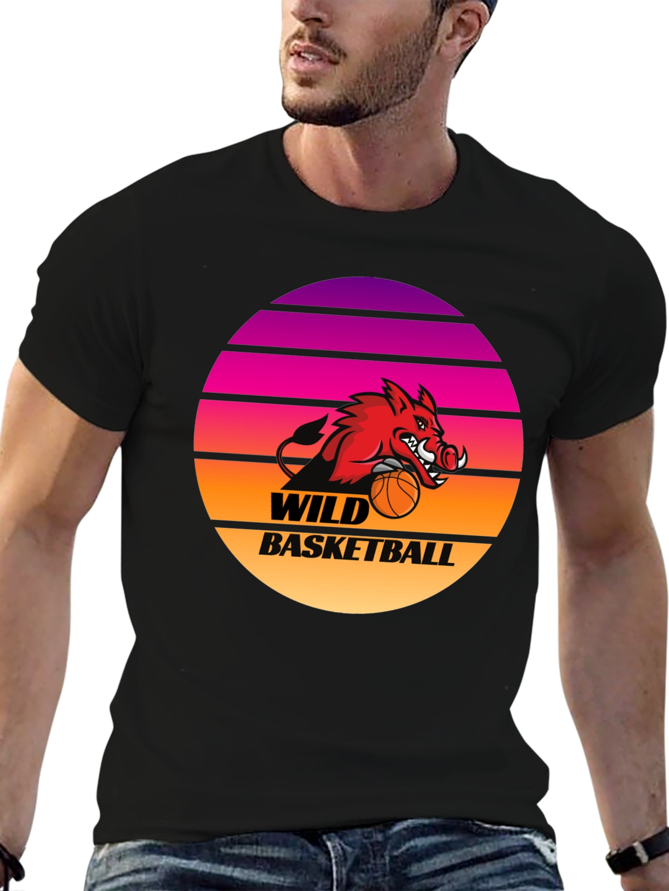 Wild Basketball Graphic Tee - Retro Sunset Hog