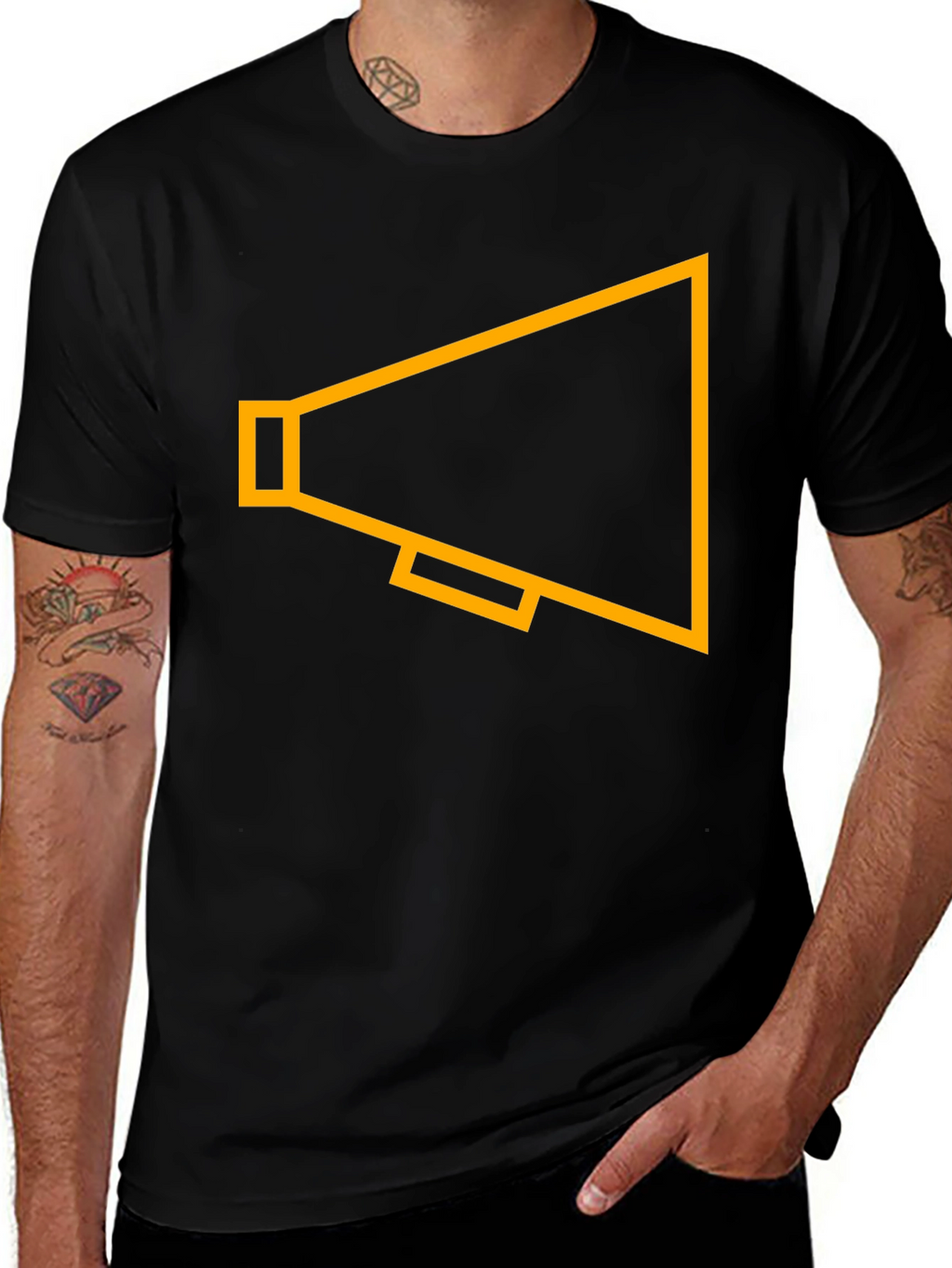 Black T-Shirt with Gold Megaphone Graphic