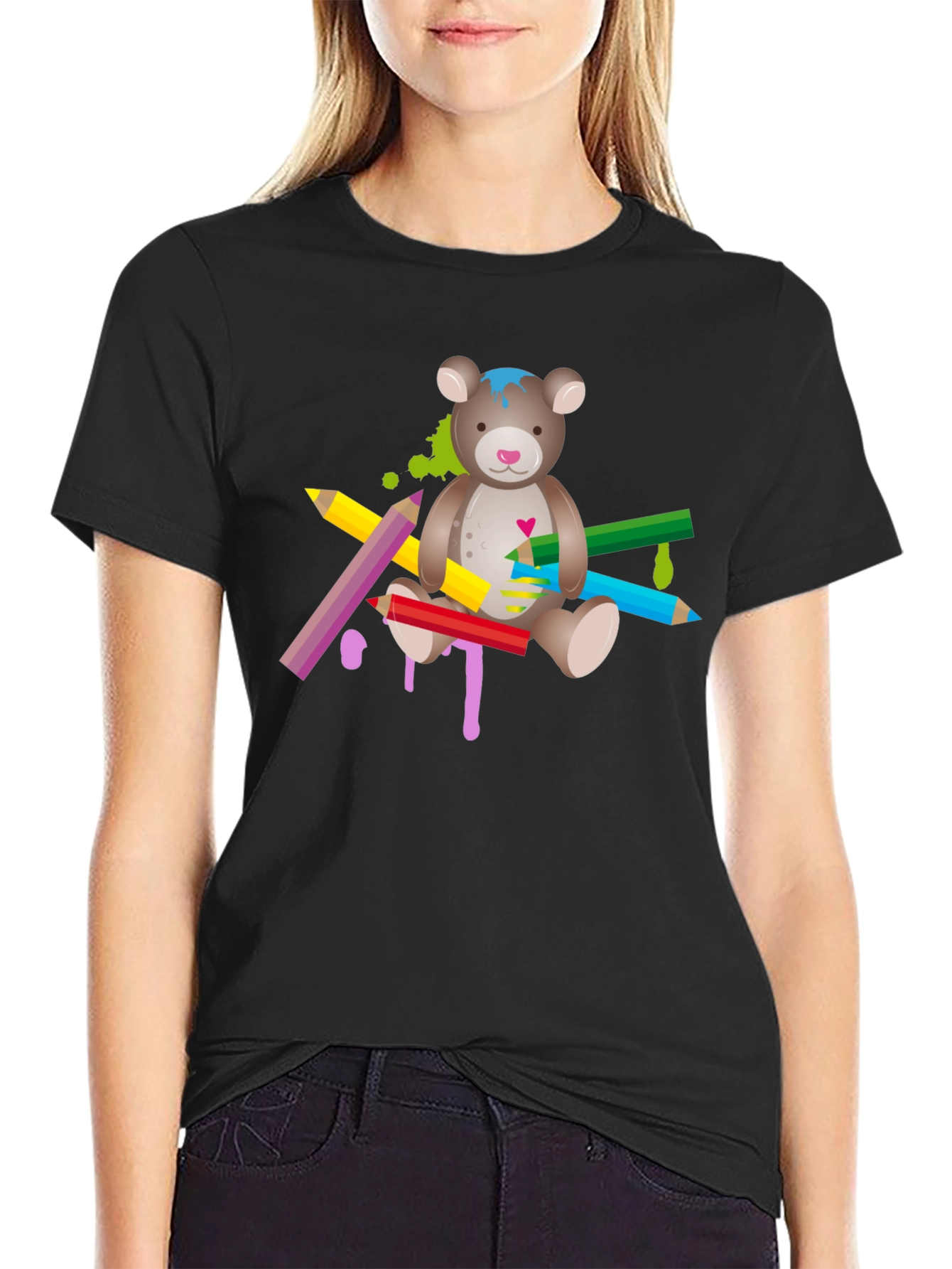 Cute Teddy Bear & Colorful Pencils Graphic T-Shirt - Unisex