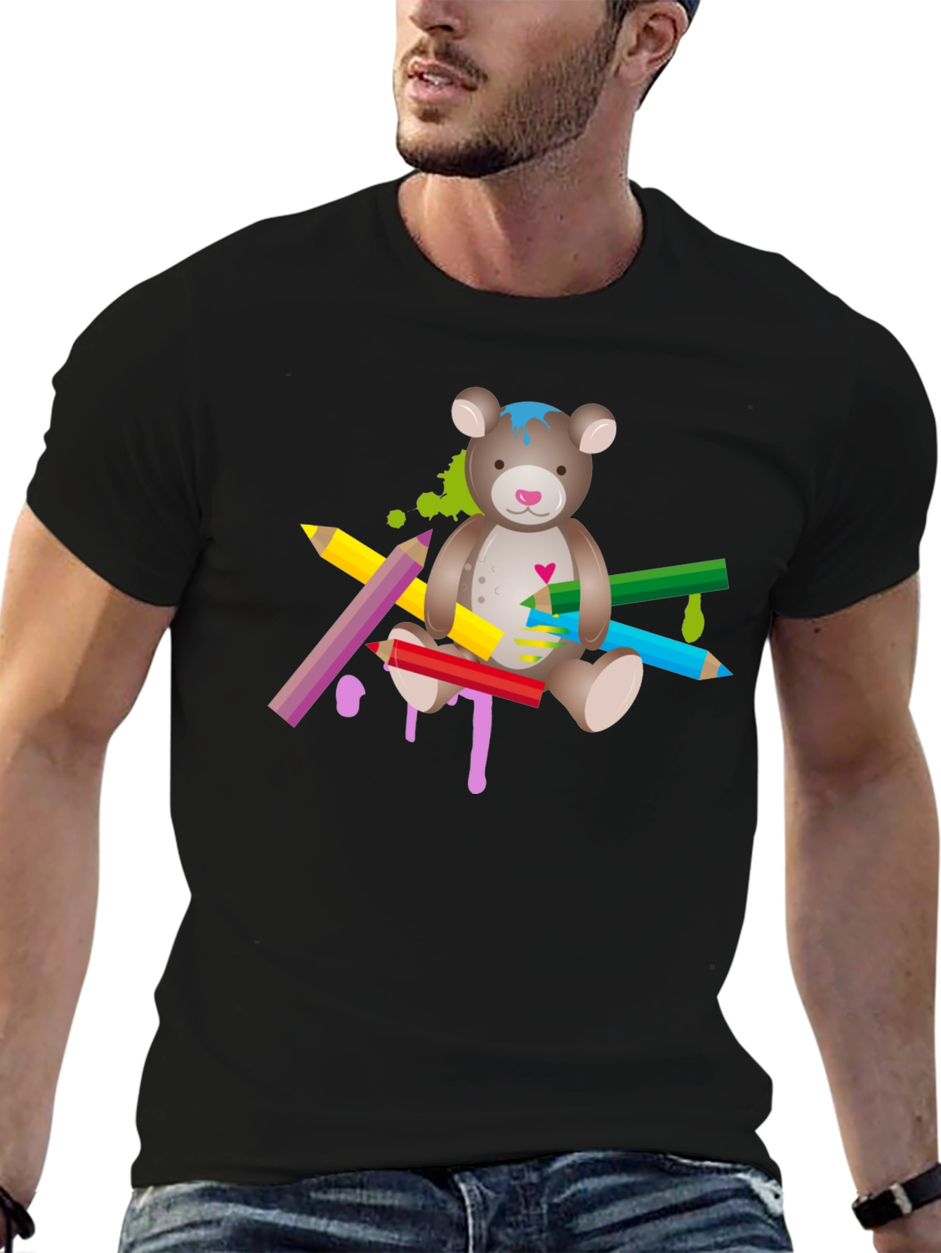 Cute Teddy Bear & Colorful Pencils Graphic T-Shirt - Unisex