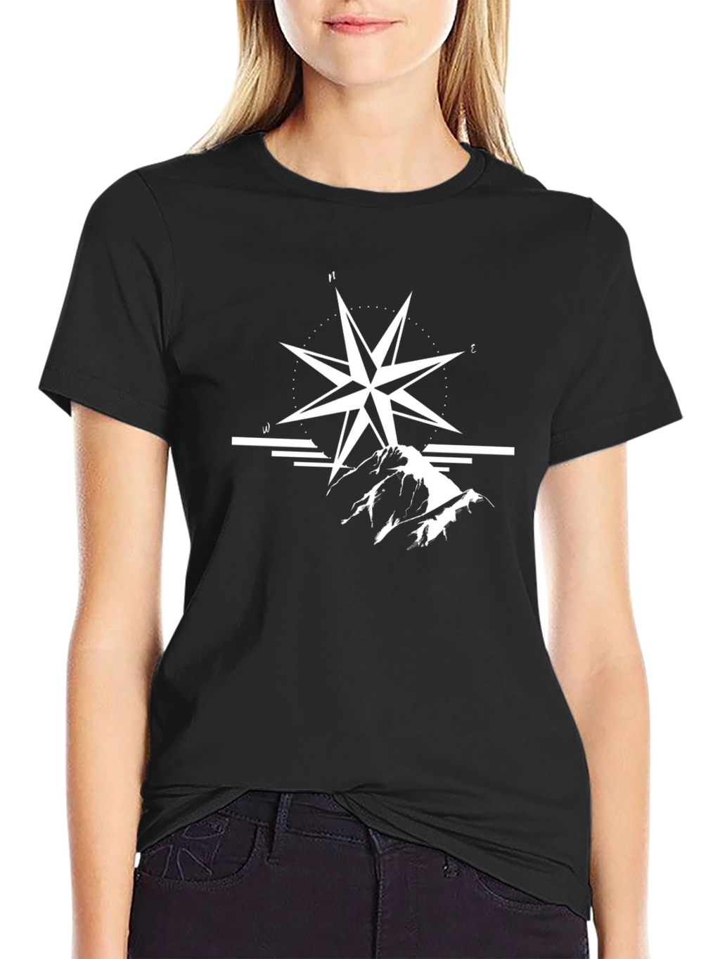 Black T-Shirt with Compass and Mountain Graphic