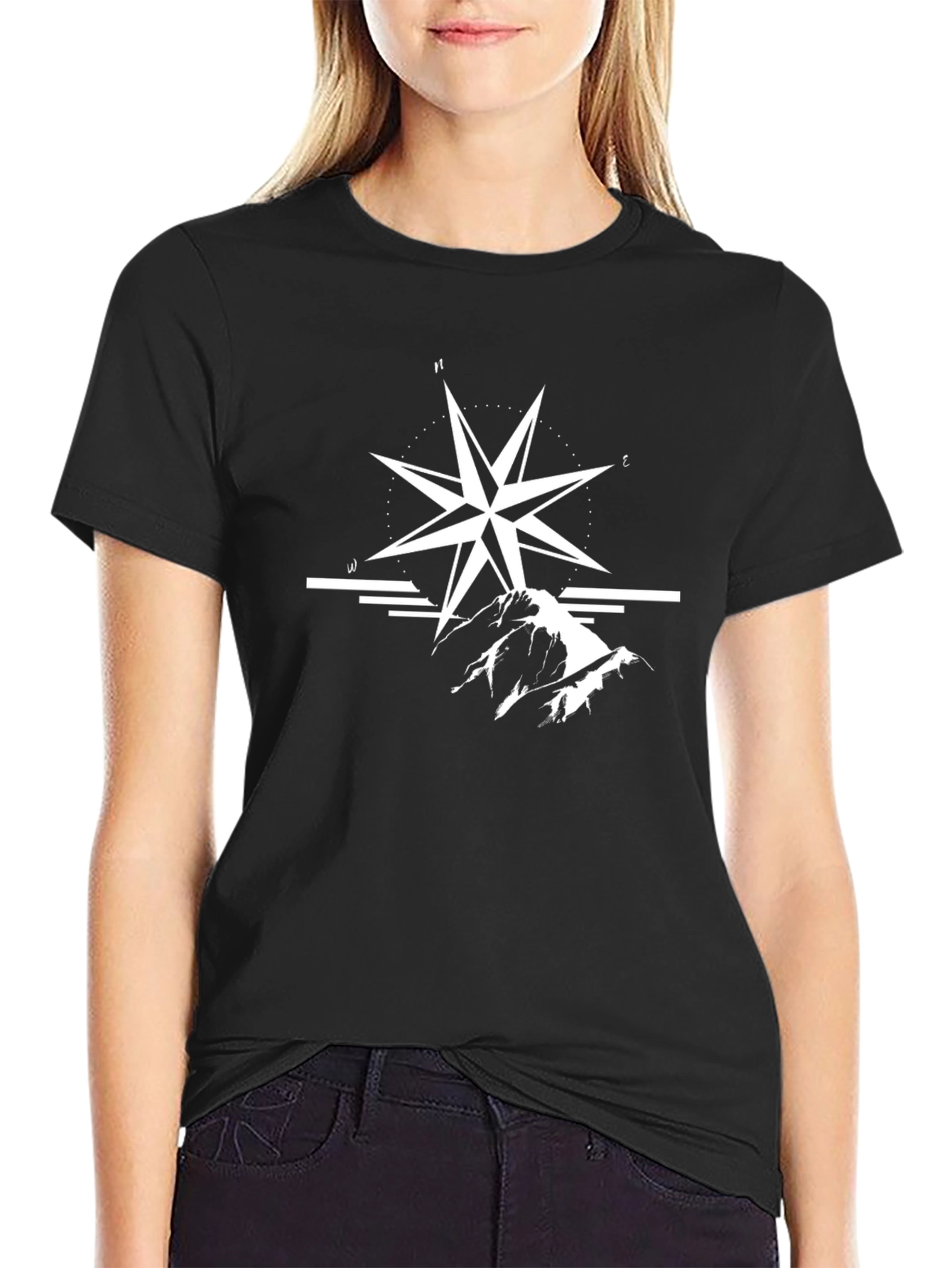 Black T-Shirt with Compass and Mountain Graphic