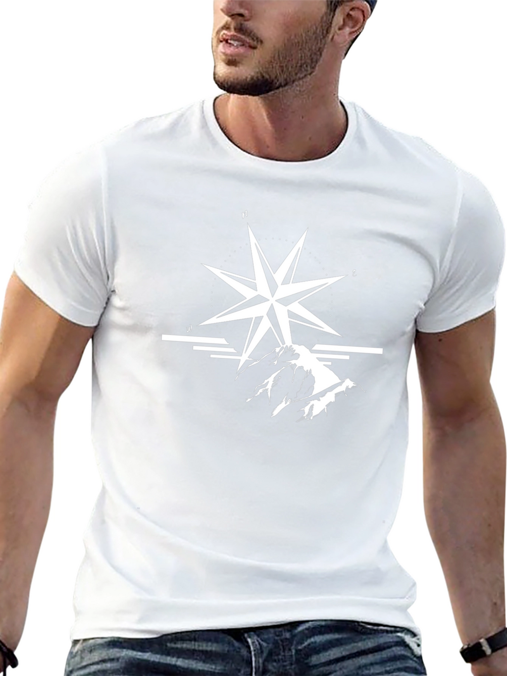 Black T-Shirt with Compass and Mountain Graphic