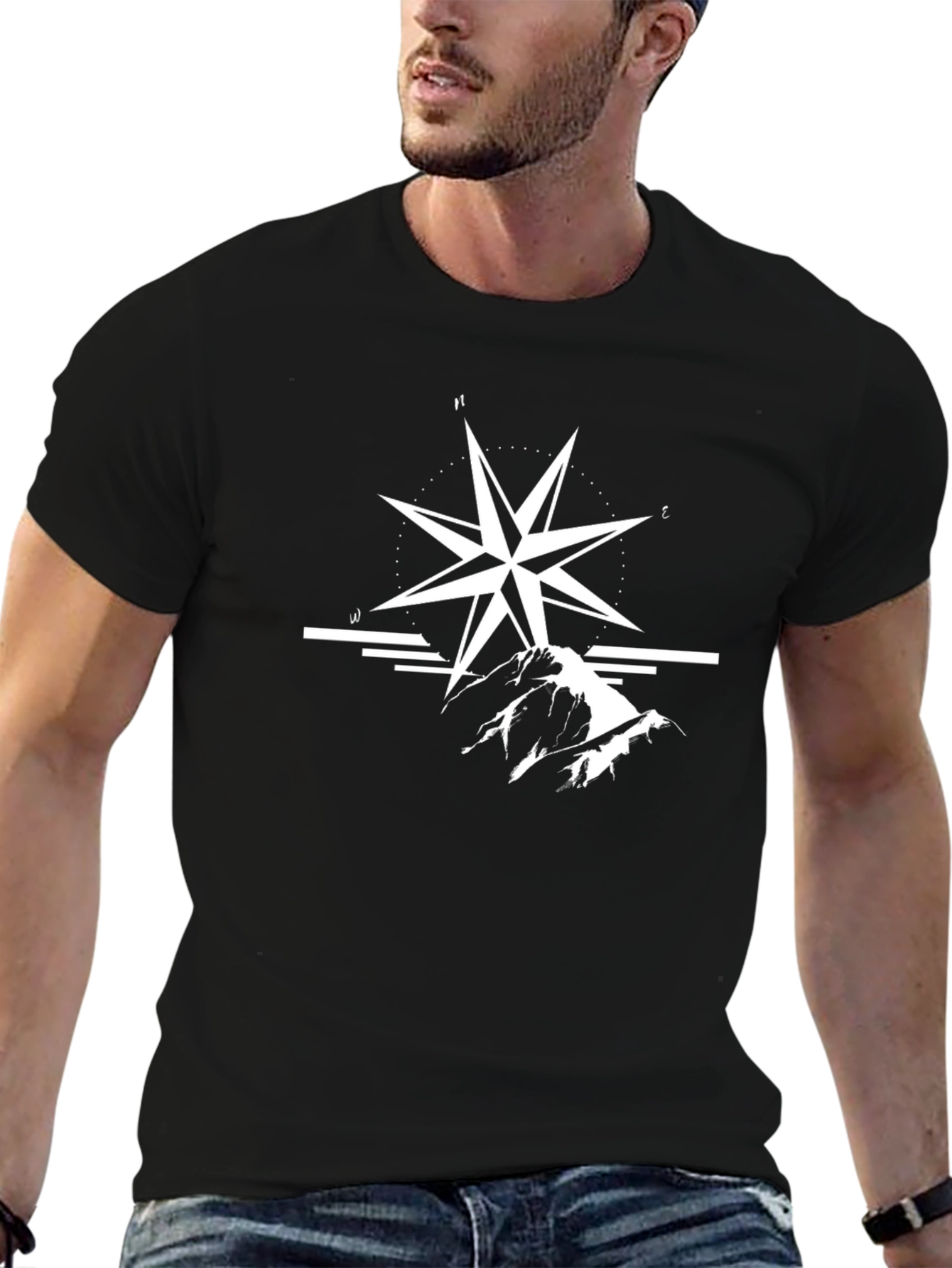 Black T-Shirt with Compass and Mountain Graphic