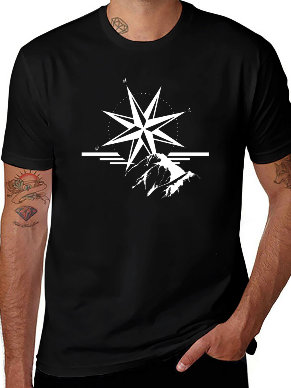 Black T-Shirt with Compass and Mountain Graphic