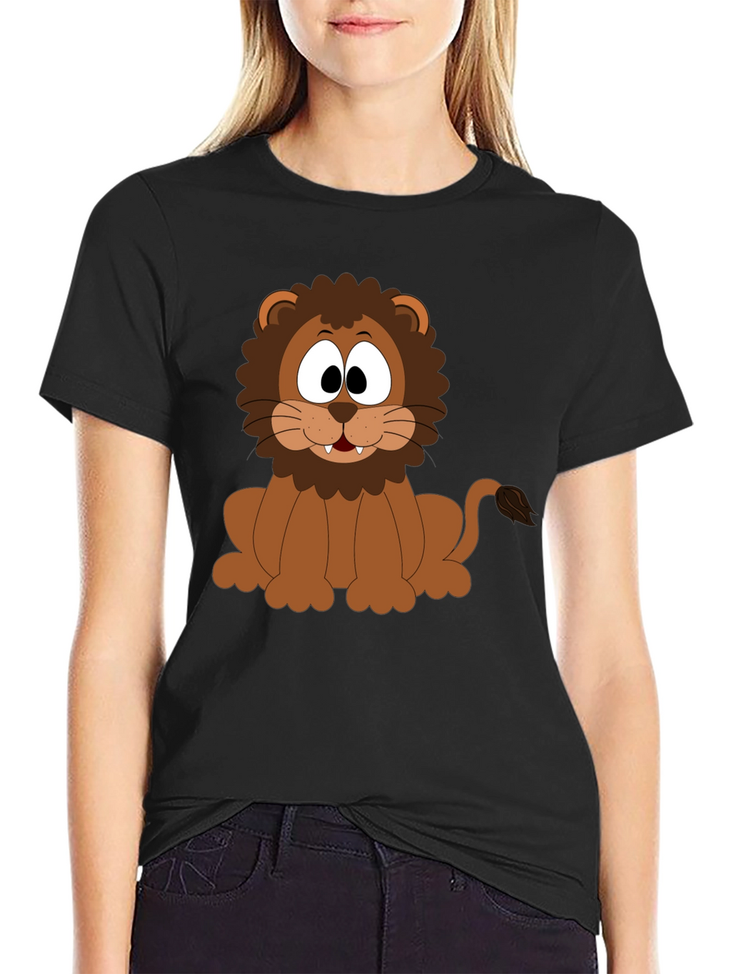 Cartoon Lion Graphic T-Shirt - Black Cotton Tee