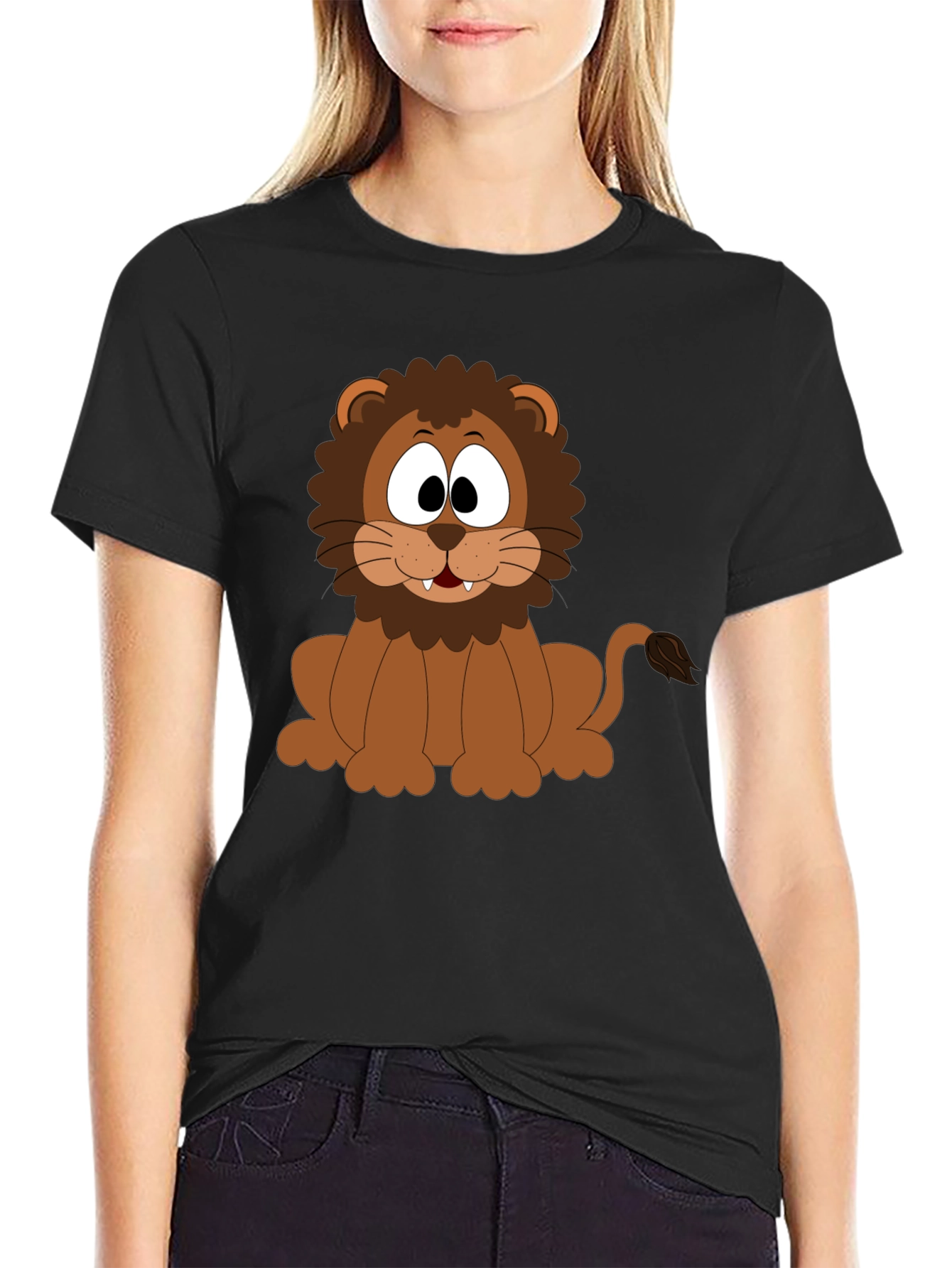 Cartoon Lion Graphic T-Shirt - Black Cotton Tee