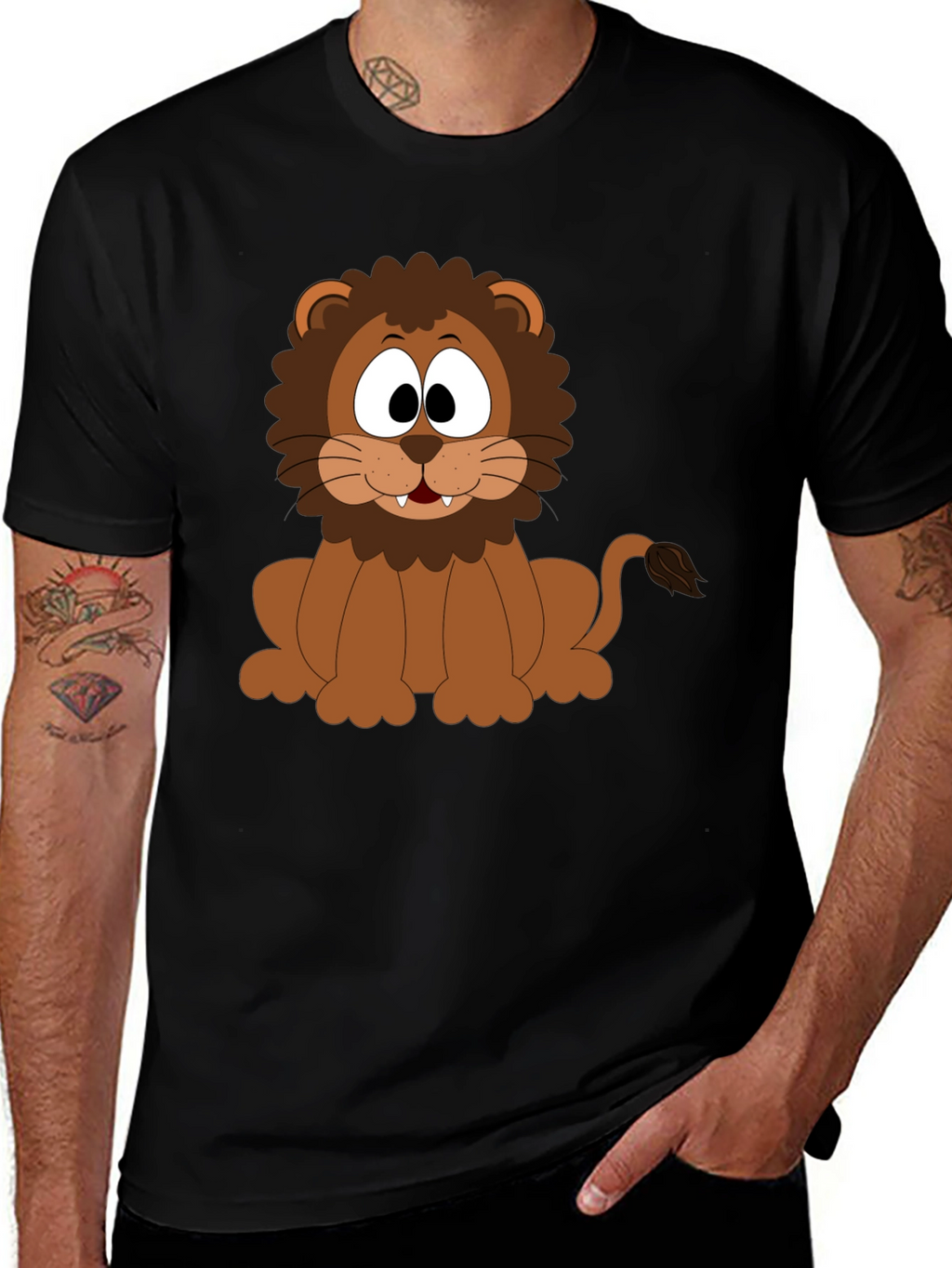 Cartoon Lion Graphic T-Shirt - Black Cotton Tee