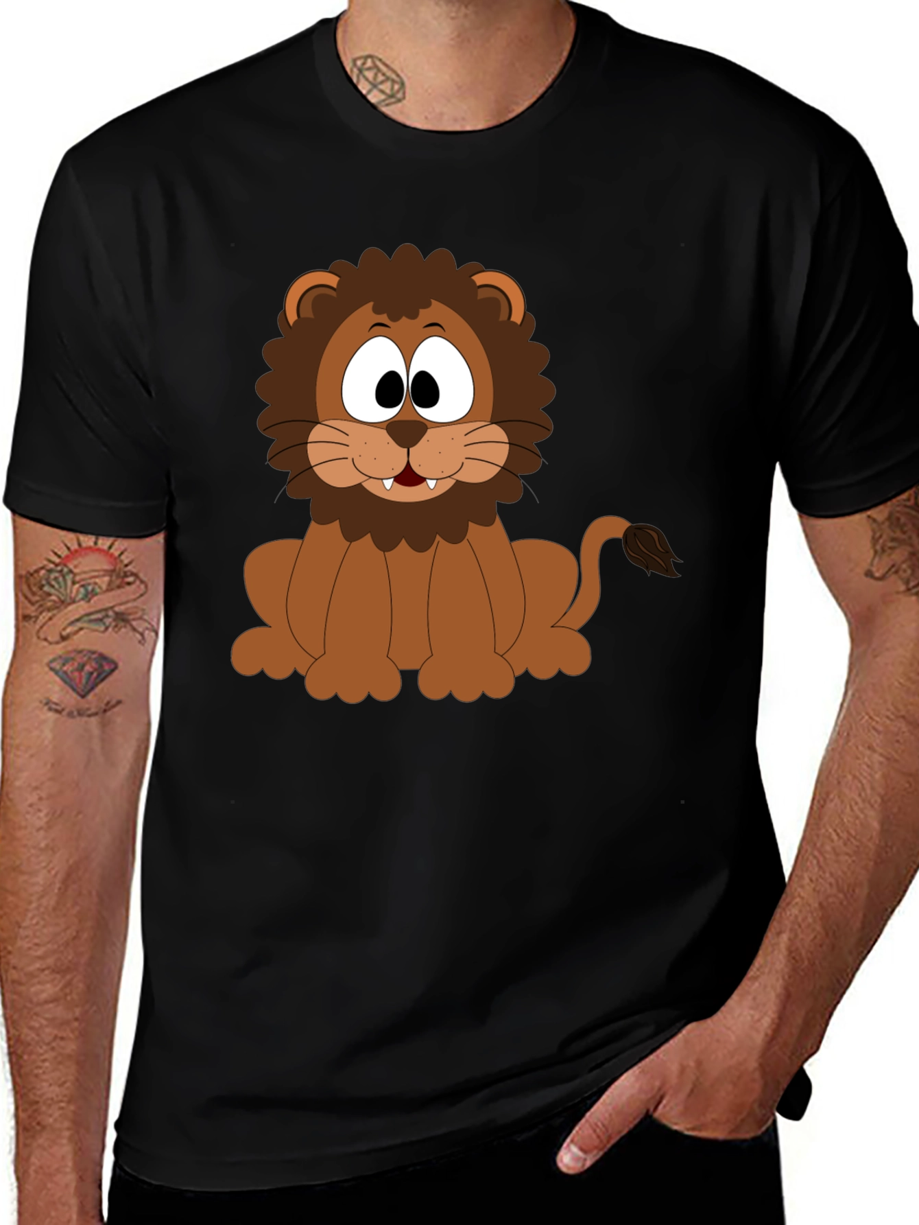 Cartoon Lion Graphic T-Shirt - Black Cotton Tee