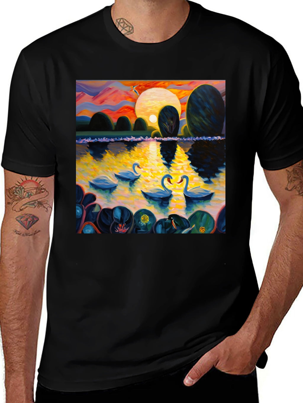 Swan Lake Art Print Graphic Tee - Black