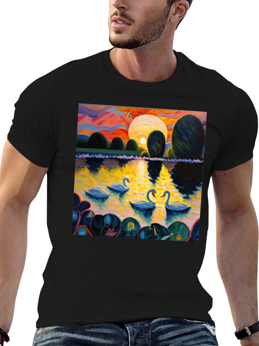 Swan Lake Art Print Graphic Tee - Black
