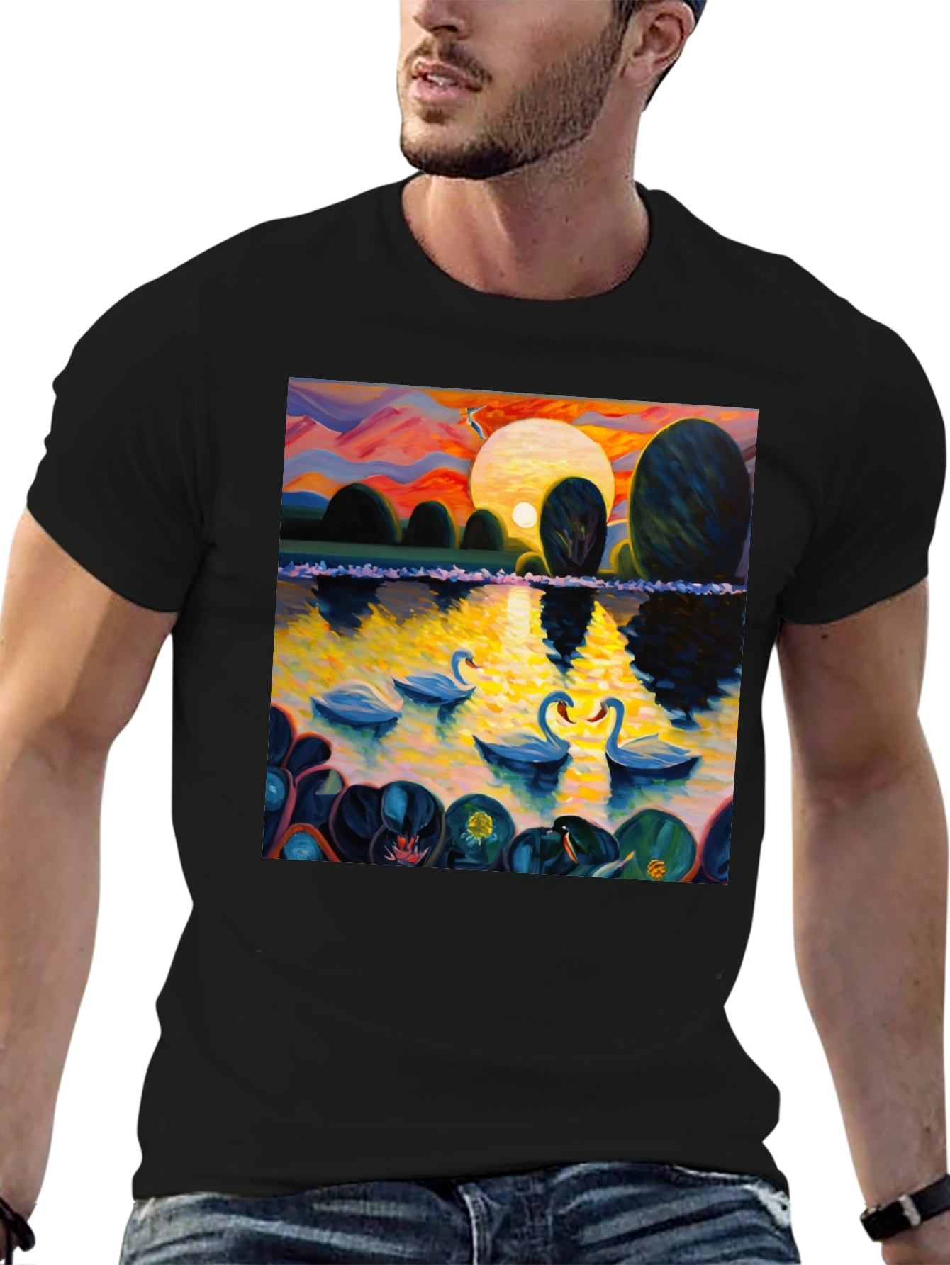 Swan Lake Art Print Graphic Tee - Black