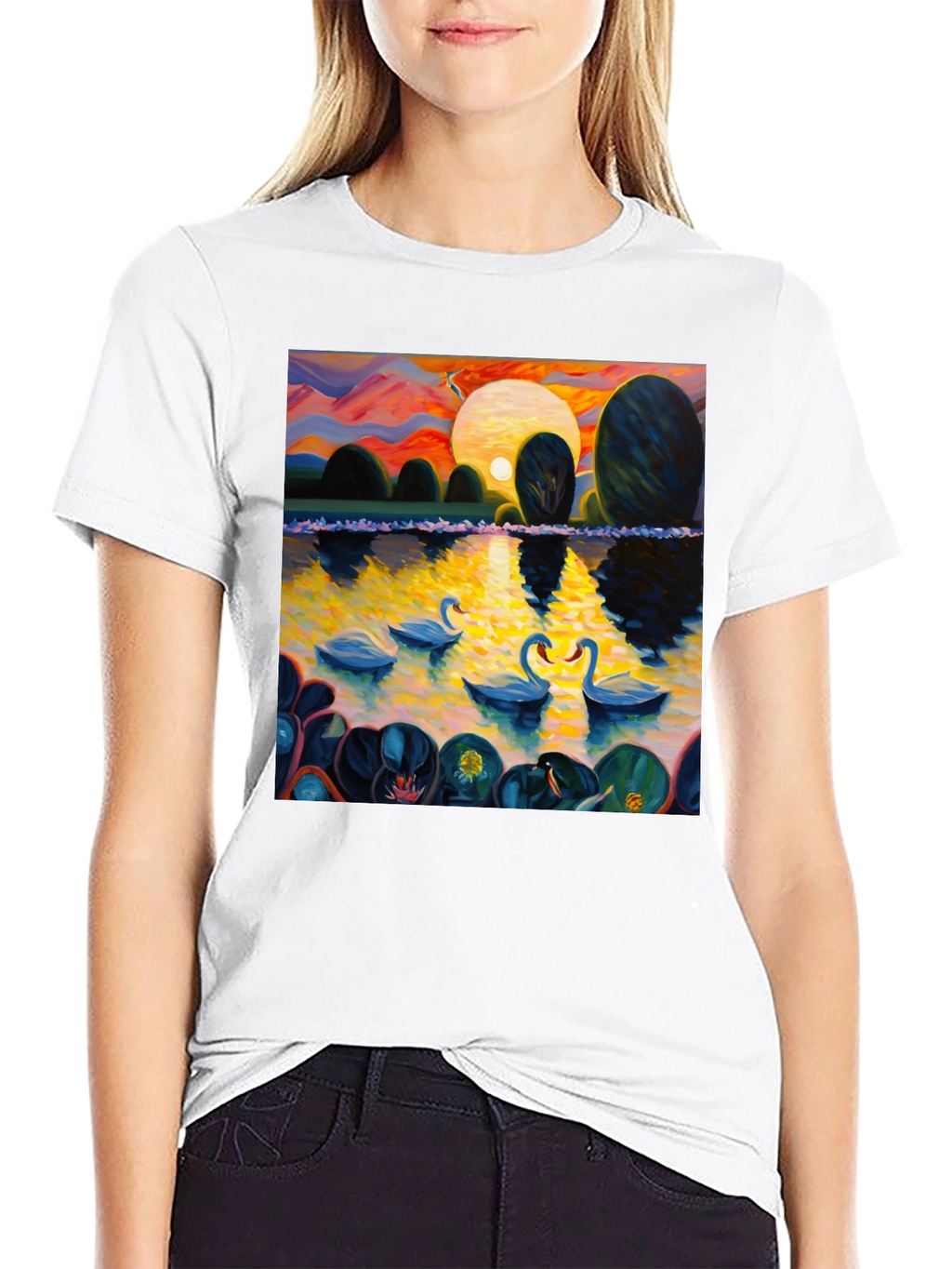 Swan Lake Art Print Graphic Tee - Black