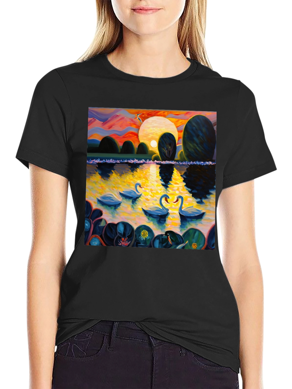 Swan Lake Art Print Graphic Tee - Black