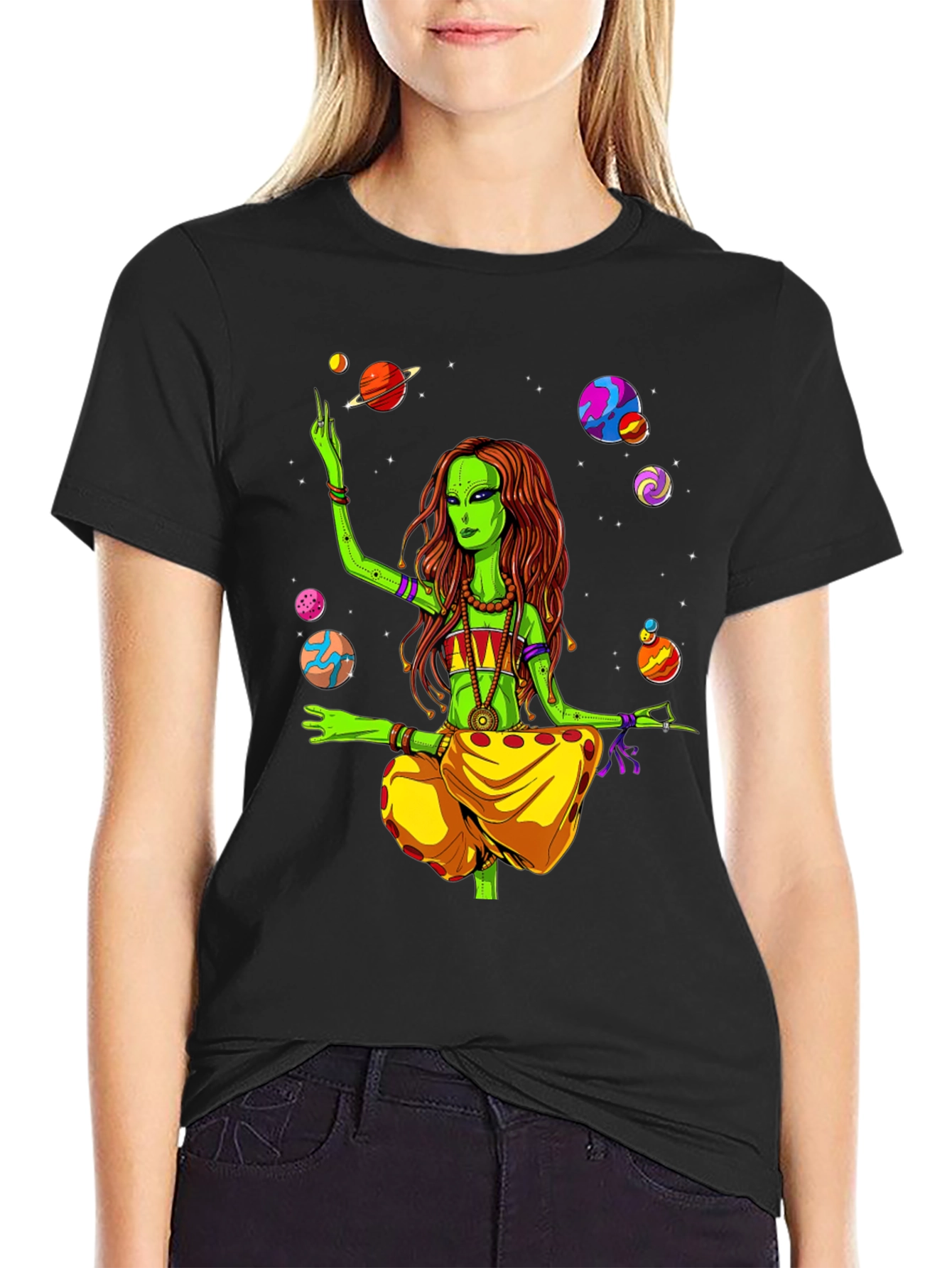 Alien Yoga Planets Graphic T-Shirt