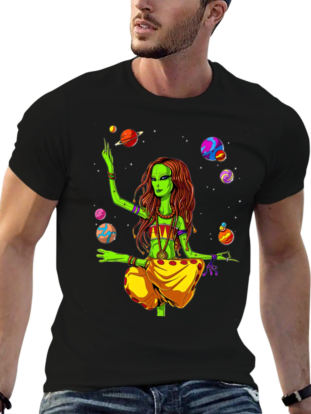 Alien Yoga Planets Graphic T-Shirt